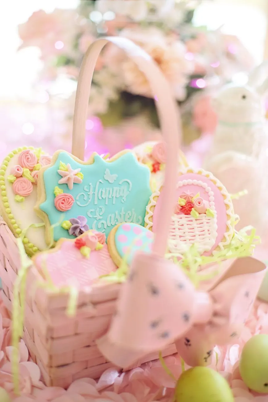 Decorated cookies in a pastel basket