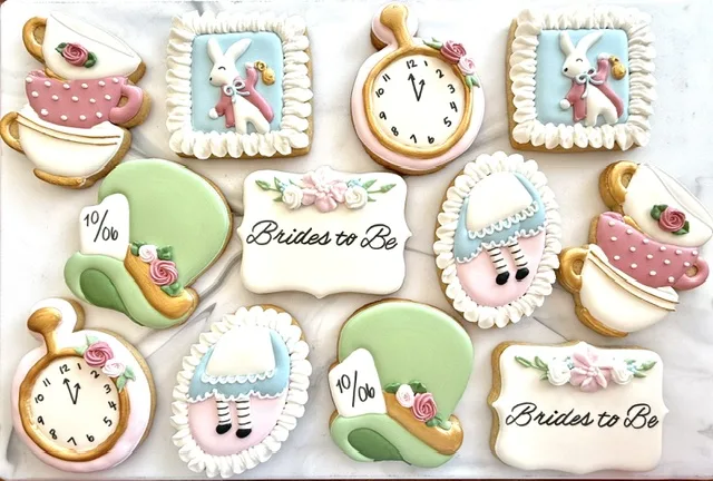 Bridal shower tea party cookies with teacups and clocks