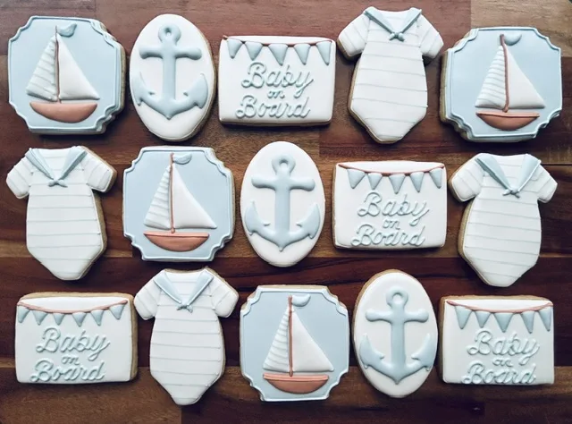 Baby on Board cookies with sailboats and anchors