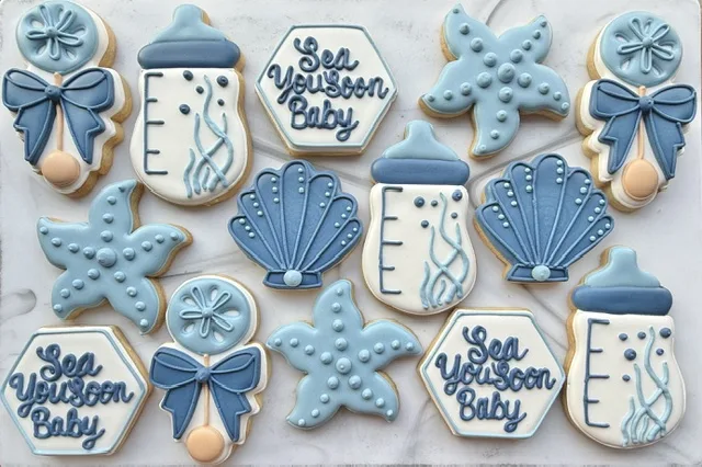 Sea You Soon baby shower cookies with shells and starfish